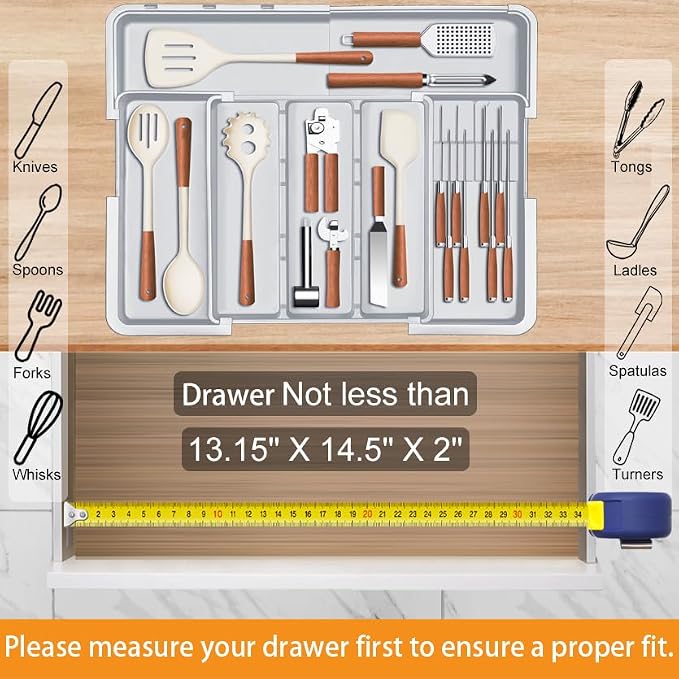 Homecor Large Utensil Organizer for Kitchen Drawer, Expandable Silverware Drawer Organizer Cooking Tray, Cutlery and Flatware Utensil Holder Kitchen Spatula Tools Storage with 3 Dividers, Grey - Image 6