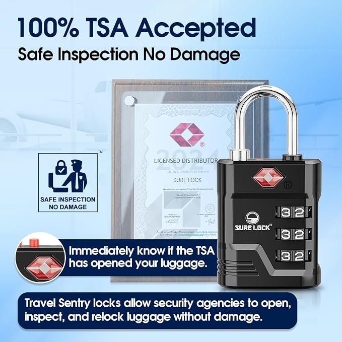 SURE LOCK TSA Approved Luggage Lock – 3-Digit Resettable Combination Padlock with Open Alert Red Dot, Large Easy-Read Dials for Suitcases, Backpacks, Gym & School Lockers - Image 2