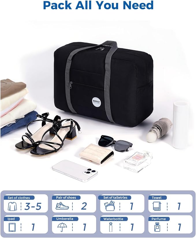 WANDF Personal Item Travel Bag, Carry On Duffle Bag Women | 18x14x8 inches, Airline Underseat Aprroved, Weekend Overnight Trips, Lightweight Packable - Image 5