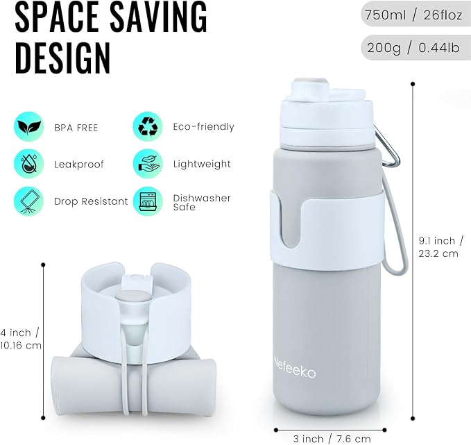 Nefeeko Collapsible Water Bottle, BPA Free 26oz Silicone Water Bottles | Foldable Water Bottles for Travel Sports, Leak-Proof Spill-Proof Portable Water Bottle with Carabiner, Lightweight - Image 2