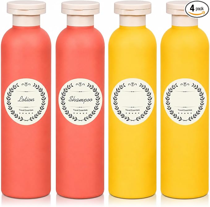 METAPACK 4Pack 6.8oz Travel Shampoo Bottles with Labels, Refillable Travel Bottles, Flip Top Squeeze Bottles, Portable Plastic Toiletry Containers for Lotion, Conditioner & Body Wash(orange, yellow) by METAPACK