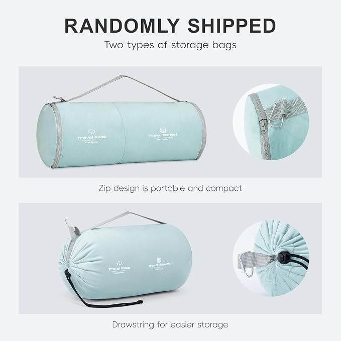urnexttour Travel Pillow and Blanket Set Neck Pillow Airplane Foam Mint | 43x60 Inch Plane Blanket, Traveling Compact Storage Bag, Eye Mask, and Earplugs for Ultimate Flight Comfort, Women and Men - Image 2