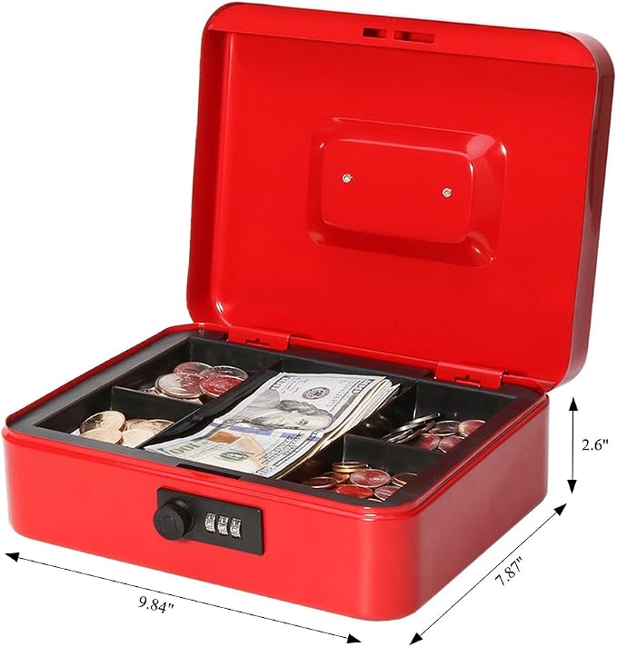 Jssmst Large Cash Box with Combination Lock – Durable Metal Cash Box with Money Tray Red(9.8 x 7.9 x 3.5), SM-CB07003L - Image 7