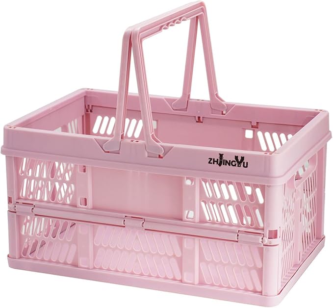 20L Pink Foldable Plastic Storage Crate Collapsible Shopping Basket | plastic baskets with handles for organizing,14.96" x9.84"x 7.87" basket for Trunk Milk Dairy Kitchen,Bathroom,school,office by ZHJINGYU