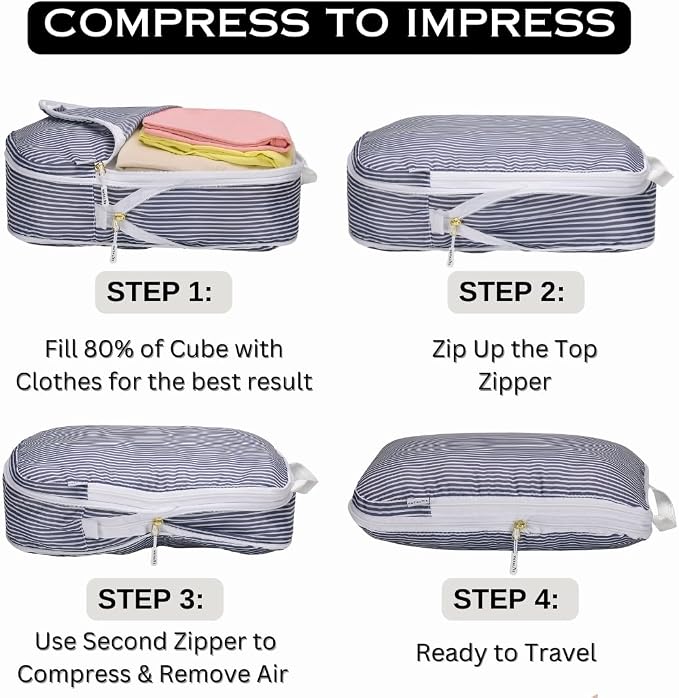 Compression Packing Cubes for Travel 6PC Set - Suitcase Organizer & Space Saver Bags for Carry On Luggage with Drawstring Backpack Grey Stripe - Image 6