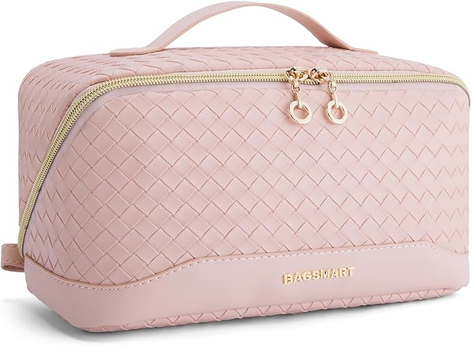 BAGSMART Makeup Bag, Travel Cosmetic Bag Organizer, PU Leather Water-Resistant Pouch, Open Flat Makeup Storage for Toiletries, Brushes, PU Leather Pink by BAGSMART