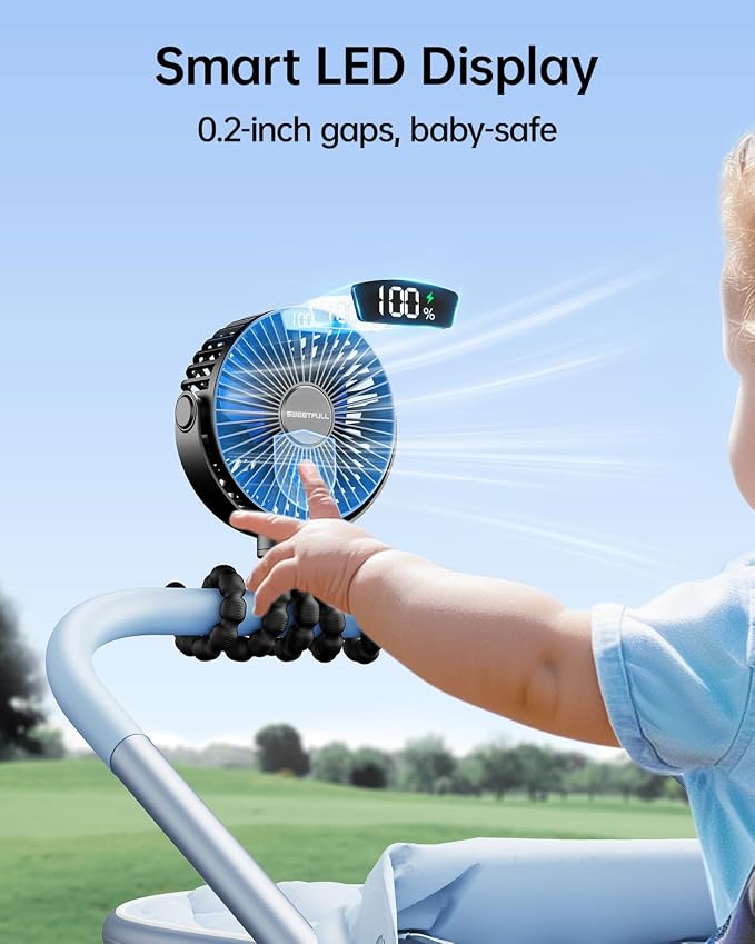 SWEETFULL 4000mAh Portable Stroller Fan with LED Display, 4 Speed Rechargeable Mini Clip On Fan, 360° Rotate Flexible Tripod Better Cooling Small Baby Fan for Car Seat Crib Travel Treadmill - Image 4