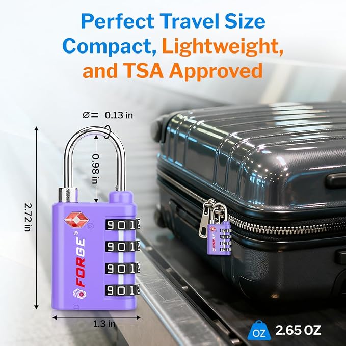 Forge Dual-Opening: Key or Combination Lock, TSA Approved Lock for Luggage, Pelican case, Travel, Gym, School, Luggage Combination Lock, Travel Bag Lock (Purple 2 Pk) - Image 5