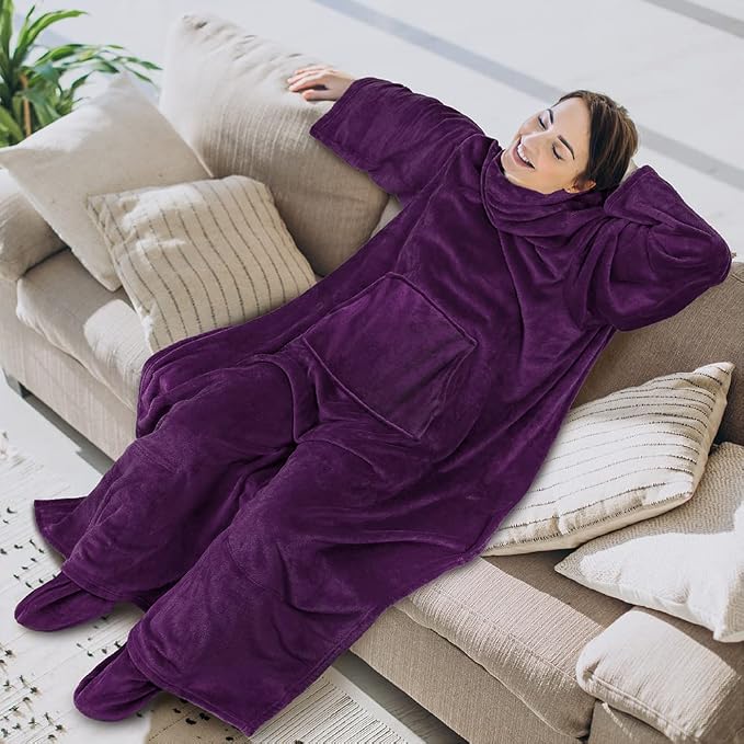 PAVILIA Fleece Blanket with Sleeves, Foot Pockets for Women Men Adults, Plush Wearable Blanket Throw Wrap, Warm Snuggle Blanket Robe, Cozy Gift Ideas Wife Mom, Dark Purple - Image 3