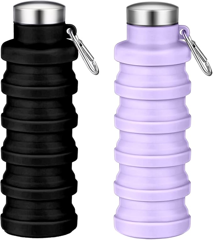 Collapsible Water Bottles,16oz Capacity Portable Reusable Silicone Water Bottle,Leak-proof,with buckle,foldable storage,Lightweight Durable for Fitness,Cycling,Sports,Camping,Hiking (Black+Purple) by Unknown
