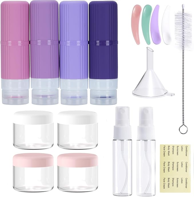 18 packs of toiletries travel bottles, TSA Approval silicone travel containers, leak proof refillable shampoo and conditioner are essential for travel, fitness, business trips, office use(purple) by Unknown