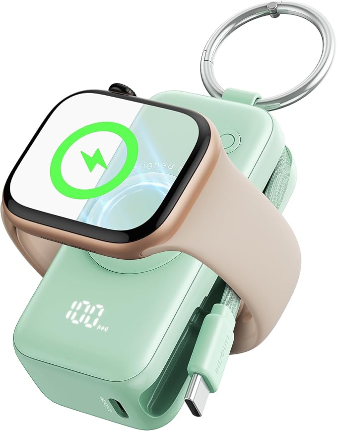 INIU SnapGo Portable Charger, 5000mAh Mini Power Bank for Apple Watch, Green | 20W Fast Charging, Travel Keychain, Built-in USB-C Cable, Flight-Safe, Battery Pack for Apple Watch, iPhone 17 etc, Green by INIU
