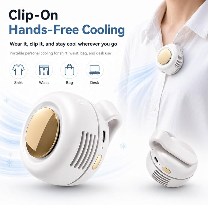 Clip on Fan, Portable Wearable Personal Mini Fan for Shirt & Waist, 3-Speed Quiet Bladeless Rechargeable Fan, USB-C, 360° Adjustable Hands-Free Cooling for Travel Outdoor Office (White) - Image 2
