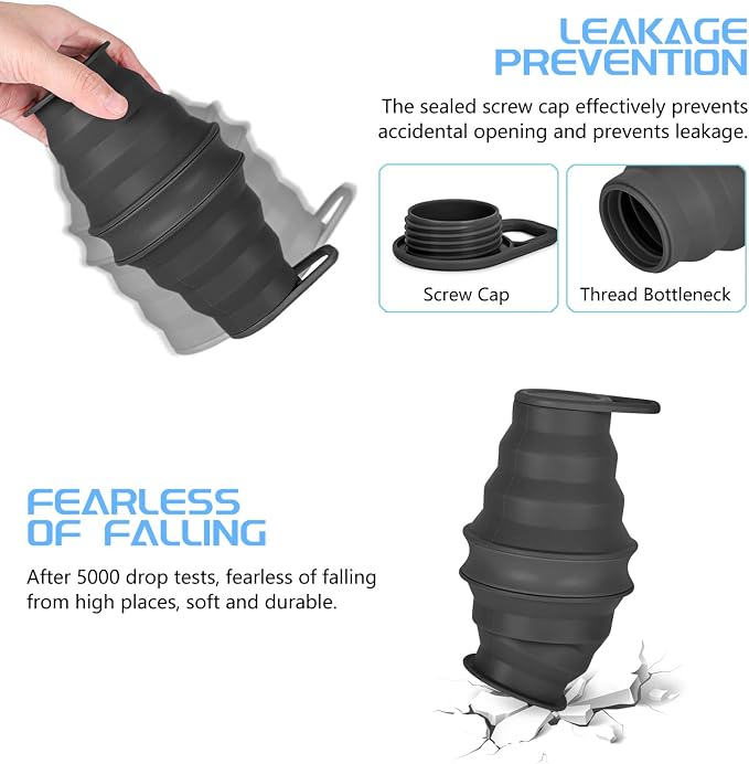 Nefeeko Collapsible Water Bottle, BPA Free Silicone Foldable Water Bottles | 17oz(500ml) Reuseable Water Bottles for Travel Gym Camping Hiking, Portable Leak Proof Sports Water Bottle with Carabiner - Image 5