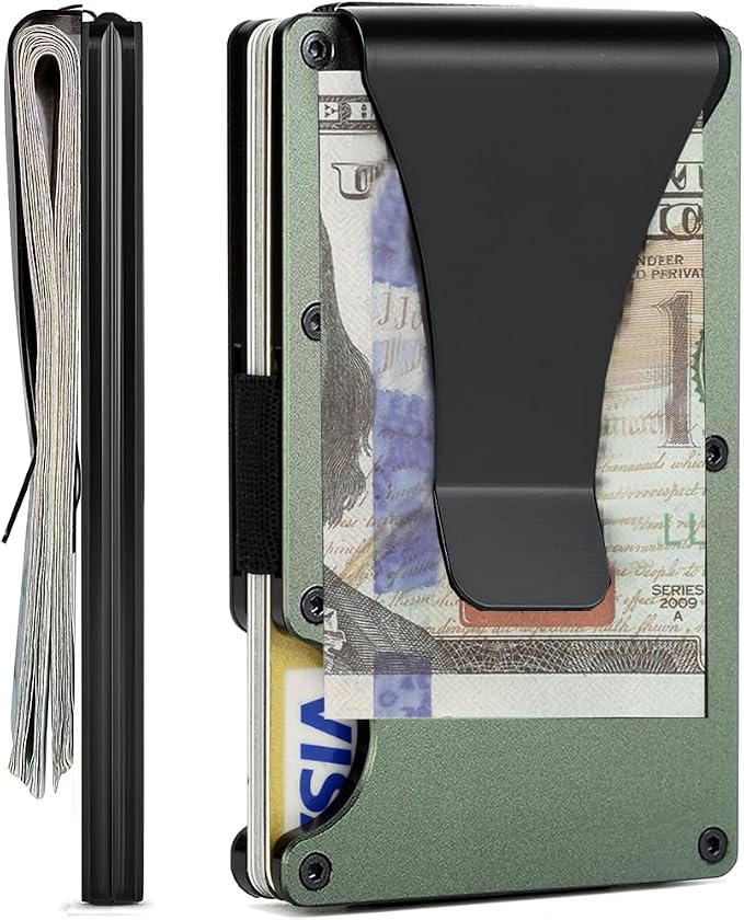 Minimalist Wallet for Men, Slim Metal RFID Blocking Wallet Credit Card Holder Money Clip & Cash Strap, Scratch-Resistant Holds 15 Cards,Ideal Gift for Men | Matt Green - Image 2