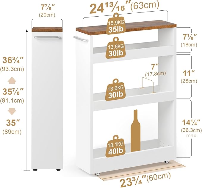 TEAMIX Wood 4-Tier Slim Rolling Storage Cart, 7.9"W, 24.8"D, 36.7"H, White | Height Adjustable, 360°Swivel Wheels, Deeper & Taller, Use as Narrow Kitchen Cart, Laundry Organizer Between Washer & Dryer - Image 5