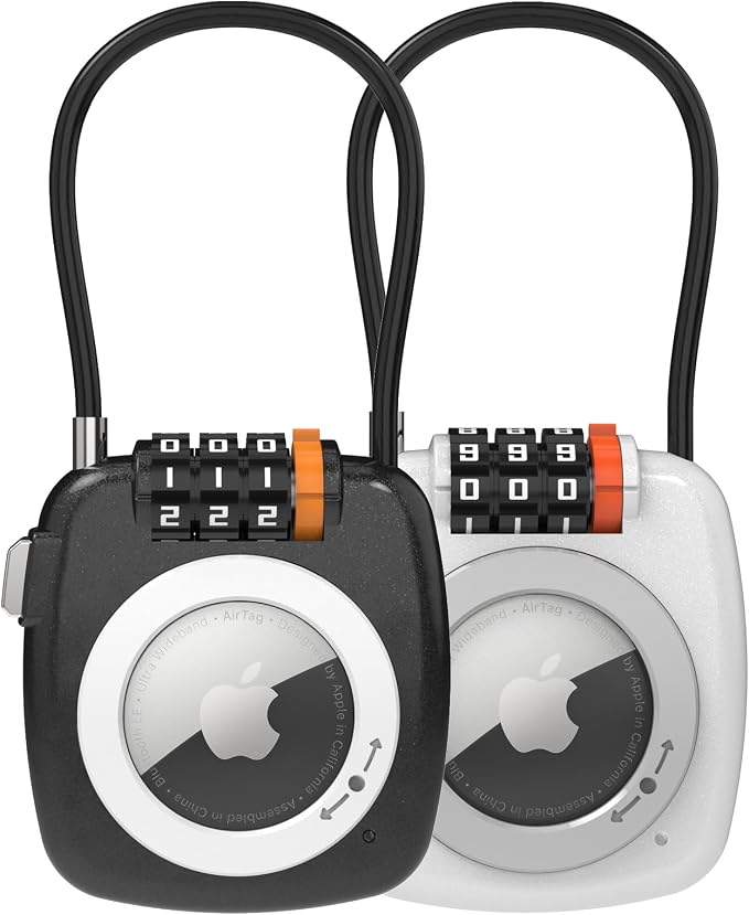 Compatible with Apple AirTag Secure Lock with Wire Cable, 3-Digit Combination Luggage Locks, Alloy Body Ultra Durable Anti-Lost Protective Case for Luggage, Suitcase (Black/White) by TUXON