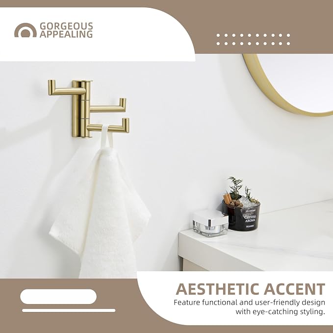 Angle Simple Towel Hook 3 Arms, Swivel Coat Wall Hook, Brushed Gold | Solid SUS304 Stainless Steel, Foldable Robe Towel Holder for Bathroom Kitchen Closet, Modern Space Saver, Screws Mounted - Image 7