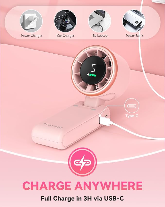 PlayHot Portable Handheld Turbo Fan, Travel Essentials, Gifts for Women/Men | 5-Speed, Up to 12H, 10m/s Airflow, USB-C Rechargeable, LED Display, 3-in-1 Foldable Personal Fan for Cruise, Beach, Vacation - Image 5