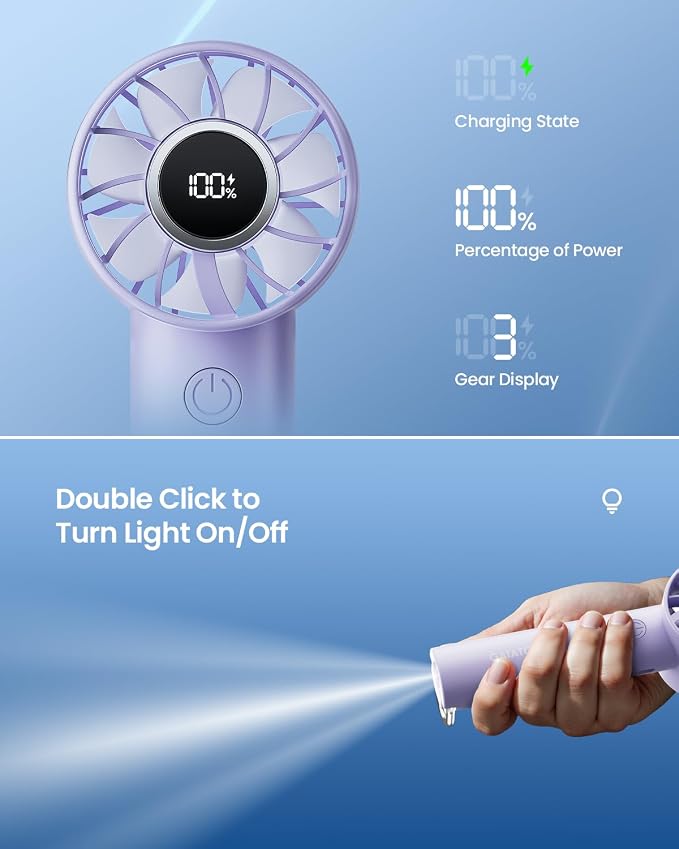 Gaiatop Portable Mini Fan, 3 Speed Handheld Fans with Power Display Flashlight, USB Rechargeable Battery, Lightweight Personal Cooling for Women Men Indoor Outdoor Travel Purple - Image 6