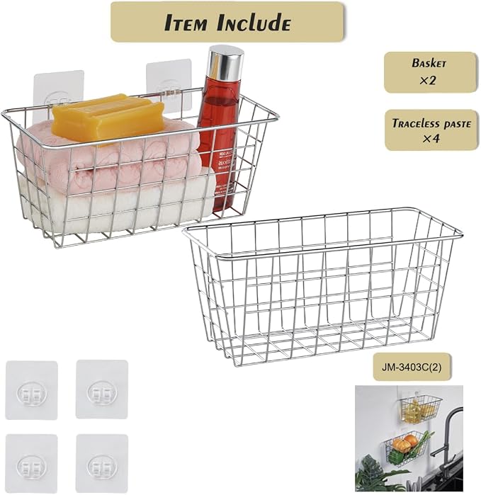 JUNCHU CHERRY 2 Pack Hanging Storage Basket, Bathroom Basket, Household Goods, with Traceless Tape, no Drilling, for Cabinet Storage, Kitchen, Bathroom, Storage Room,Chrome - Image 3