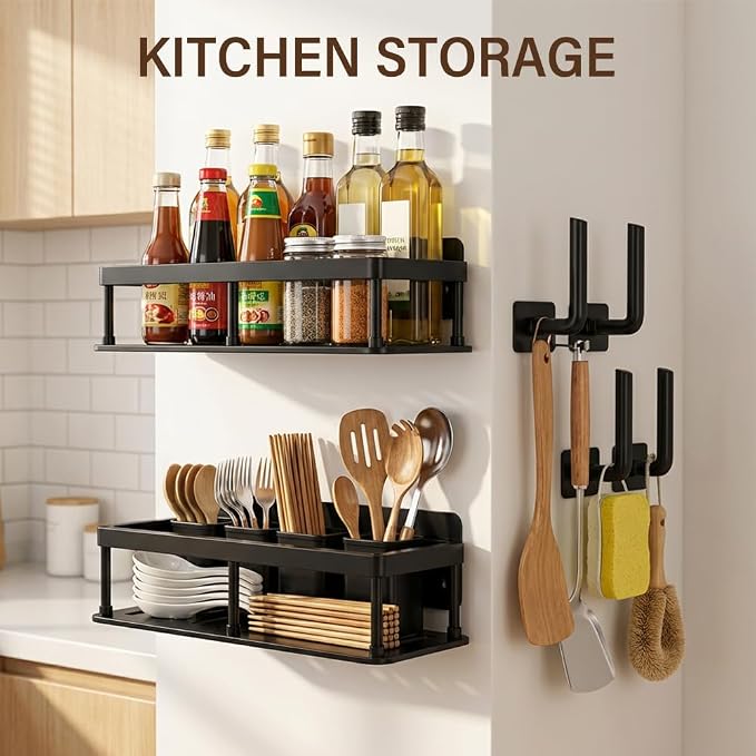 2pc Wall Mounted Floating Shelf, Detachable Storage Rack,No Drill Shelves for Wall,Floating Shelves Damage-Free Expand Walls Space for Living Room Kitchen Bathroom (4, Black) - Image 6