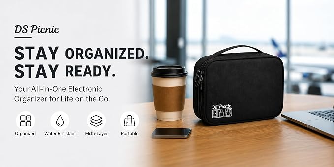 Electronic Organizer Travel Essentials Case, Waterproof Double Layer Cable Storage Pouch Bag for Charger, USB Cords, Power Bank, Phone Mouse SD Card Earphone Camera, Tablet (Up to 11 inch) - Image 9