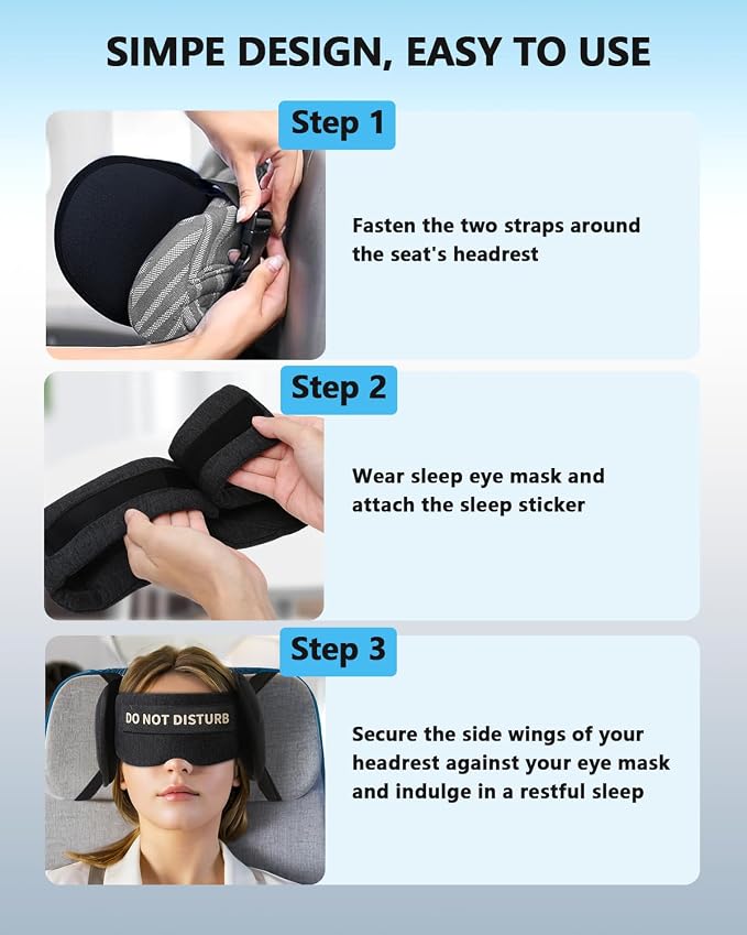 Travel Pillows for Airplanes, Airplane Pillow for Long Flights Sleeping Travel, Airplane Head Strap with Eye Mask 360° Support Headrest for Plane Road Trip Sleep, Stop Head Bobbing（Black） - Image 5