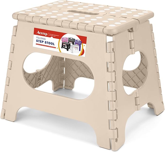 11 Inch Folding Step Stool for Kids, Non-Slip Foldable Stools, Khaki | Heavy Duty Collapsible Foot Stool, Lightweight with Built-in Handle, Holds 300 lb for Adults Kitchen Bathroom Bedroom Outdoor by ACSTEP