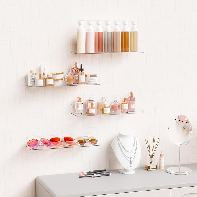 8 Pack 15" Acrylic Shelves for Wall,Bathroom,Bedroom - with Adhesive - No Drilling Clear Floating Shelves for Funko Pop,Lego,Action Figures,Nail Polish,Perfume Shelf and Wall Storage & Display - Image 7