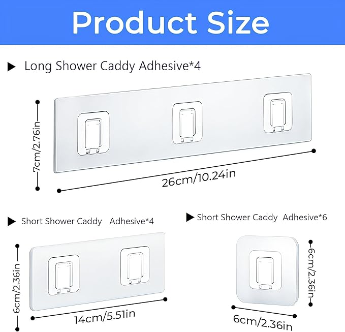 14 Pack Shower Caddy Adhesive Replacement Flat Strips, Heavy Duty Transparent Waterproof Hooks for Bathroom Storage Shelves, No-Drilling Sticky Wall Mount Hooks for Kitchen Organizers - Image 2