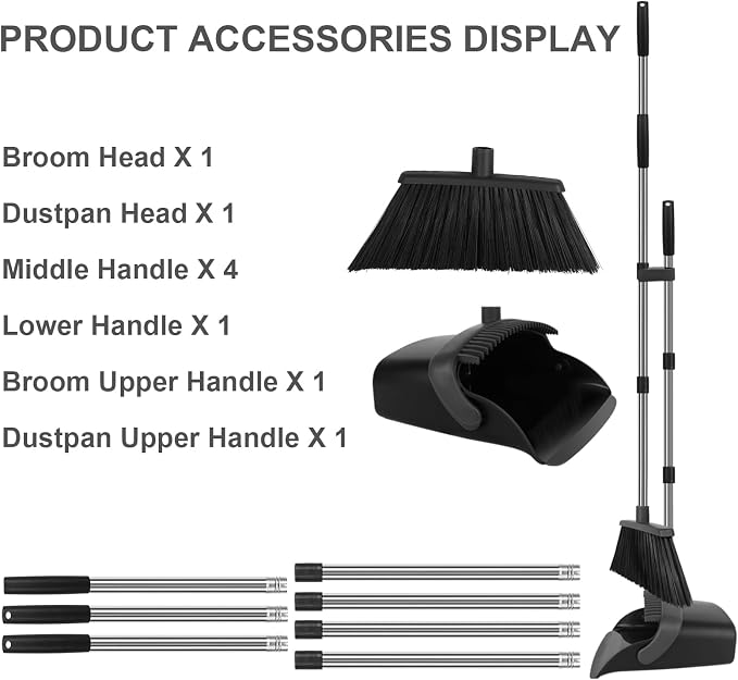 Black Broom and Dustpan Combo Set, 55" Long Handle Broom | Large Area Outdoor Cleaning, Extended Reach Design, Built-in Comb Dustpan, Foldable Storage for Garage, Patio & Home - Image 5