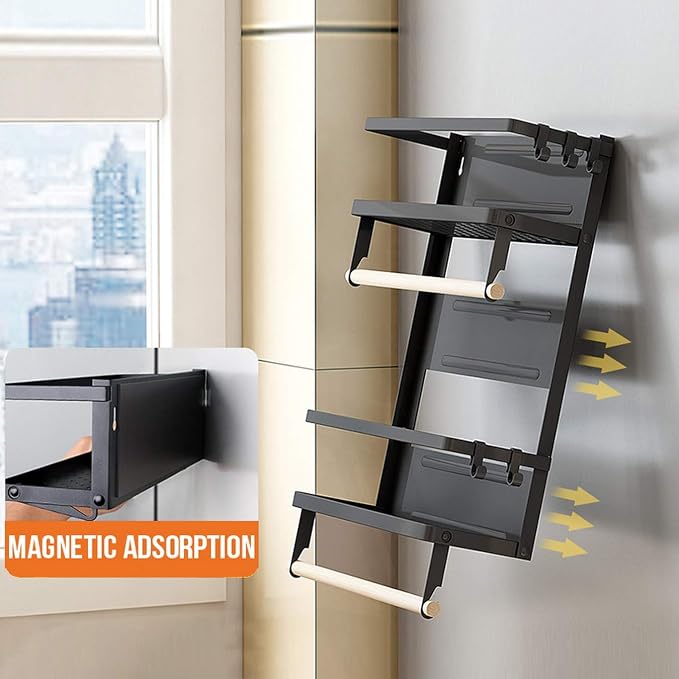 Jolitac Magnetic Fridge Spice Rack- Space Saving Organizer Black Shelf on Refrigerator, Kitchen Paper Towel Holder, Foldable Design (Black-Large) - Image 6