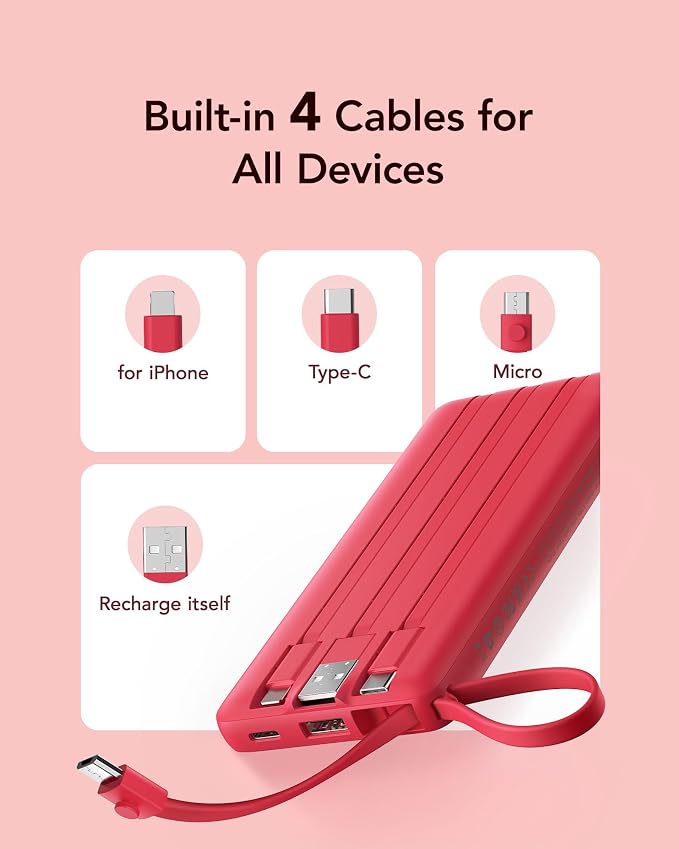 VRURC Portable Charger, Built in 4 Cables & Lanyard Power Bank 10000mAh | Compact USB C Charging Bank 5 Outputs for Multi Devices,Travel Essential for Hiking Camping Business Cruise Ship-Red(1 Pack) - Image 2
