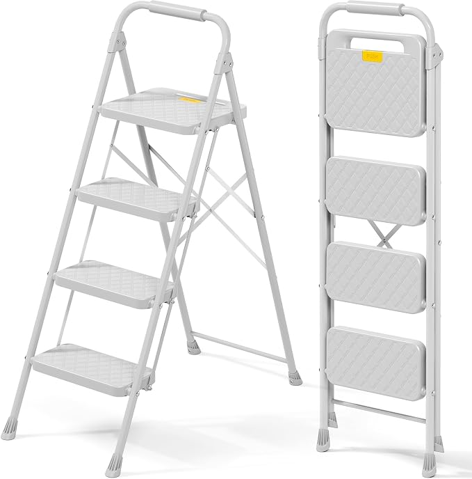 KINGRACK 4 Step Ladder, Folding Step Stool with Safety Lock & Sturdy Anti-Slip Pedals, Pass 800lbs Load Testing, Lightweight, Portable Steel Ladder with Handrails for Home, Kitchen, Garage, Office by KINGRACK