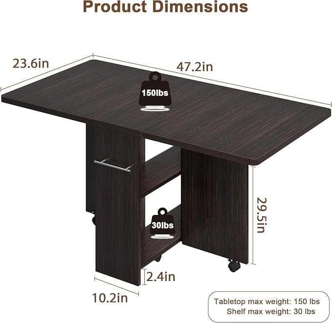 IDEALHOUSE FoldingTable, Drop Leaf Dining Table with 6 Wheels and 2-Layer Storage Shelf, Space Saving Table for Small Spaces (Dark Walnut, 47.2" D x 23.6" W x 29.5" H) - Image 2