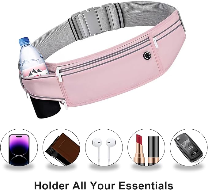 Slim Running Belt for Women Men,Runners Fanny Pack Phone Holder,Money Belt,Running Gear Accessories,with 3 Pockets (Jet Pink) - Image 2