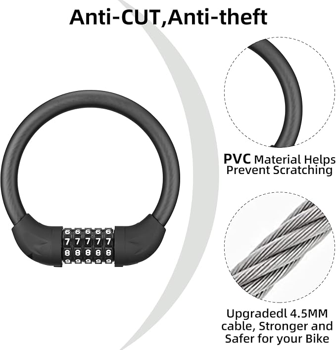 ROCKBROS Bike Lock Cable 5 Digit Lightweight Anti-Theft | PVC Coating Waterproof Anti-Rust, 0.5lb Ultra-Lightweight, for Gate/Fence/Ladder/Luggage - Image 3