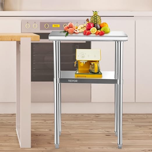 VEVOR Stainless Steel Prep Table, 24 x 18 x 36 Inch, 600lbs Load Capacity Heavy Duty Metal Worktable with Adjustable Undershelf & Feet, Commercial Workstation for Kitchen Restaurant Garage Backyard - Image 2
