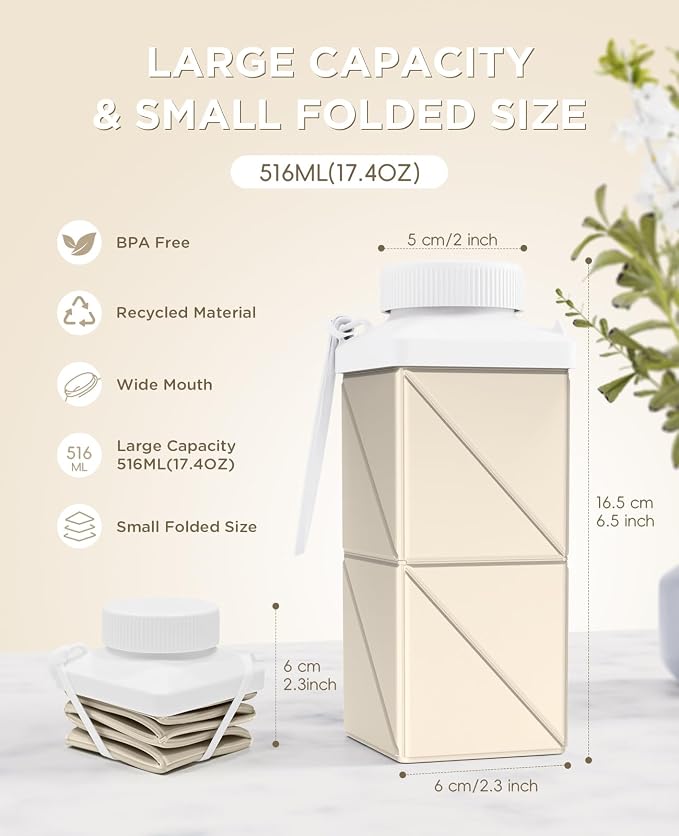 Collapsible Water Bottles 17.4oz(516ML), 2nd Generation Leakproof BPA-Free Travel Water Bottle,Lightweight Reusable Water bottle, Portable for Travel Cycling Gym Sports,Champagne White, 1 Pack - Image 2