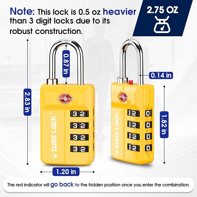 SURE LOCK TSA-Approved 4-Digit Resettable Combination Lock with Open Alert, Easy-Read Dials - for Luggage, School Lockers, Gym, Office, Toolbox & Security Cases (Yellow 2 Pack) - Image 5