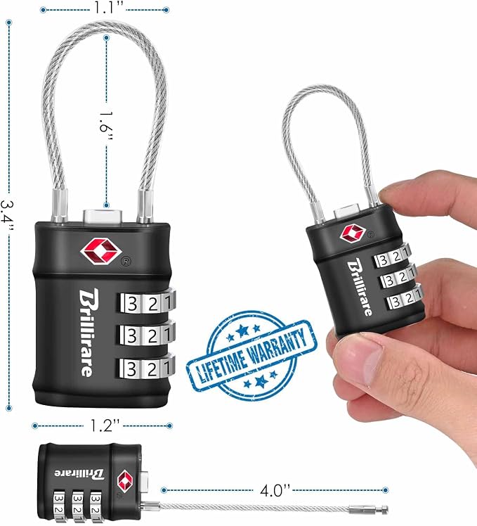 2 Pack TSA Approved Luggage Locks, Combination Travel Cable Lock, 3-Digit Waterproof Padlock, Zinc Alloy Outdoor Keyless Resettable Lock for Travel, Lockers, Bags, Backpack, Gym, Gate-by BRILLIRARE - Image 4