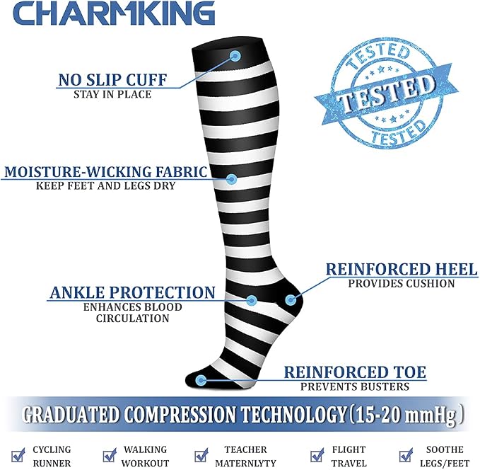 CHARMKING Compression Socks for Women & Men Circulation (8 Pairs) 15-20 mmHg Best Calf Socks Support for Athletic Cycling - Image 4