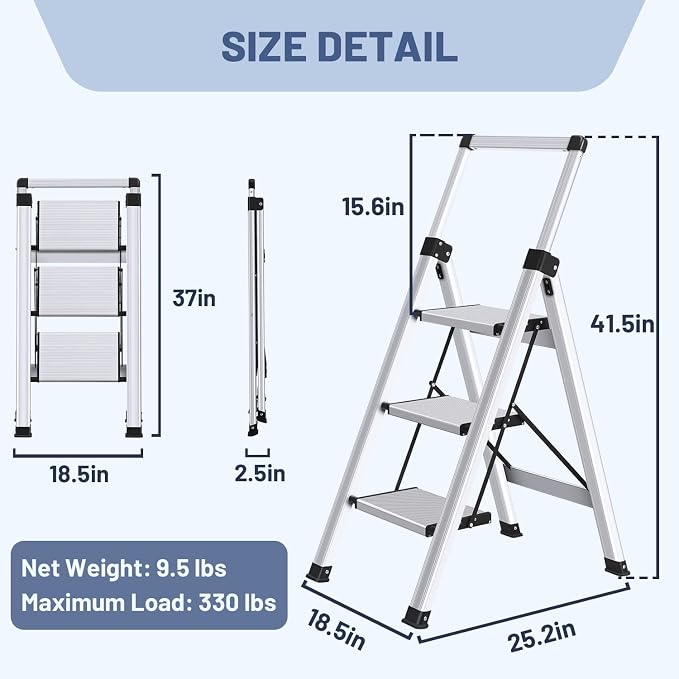 3 Step Ladder, Aluminum Folding Stool with Retractable Handgrip | 330 lbs Heavy Duty | 9.5lbs Lightweight | Removable Tool Tray | Non-Slip Pedals | Slim 2.5" Fold for Kitchen, Closet & Garage - Image 6