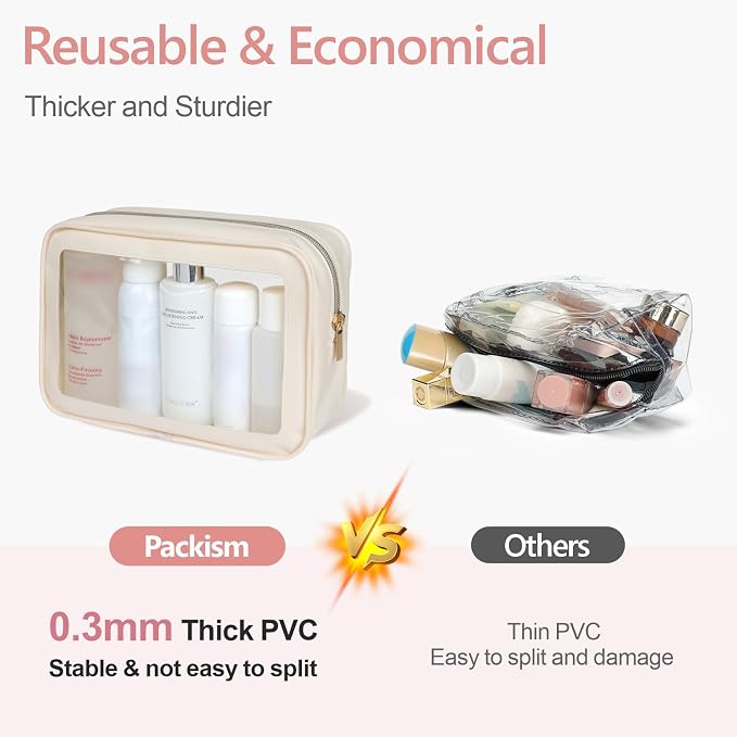TSA Approved Toiletry Bag - Clear Makeup Bag Travel, 4 Medium Beige | Quart Size for Carry-On, Reinforced Seams, Water-resistant, Smooth Metal Zipper, Clear Easy-Check for Airport Hotels, Women - Image 7
