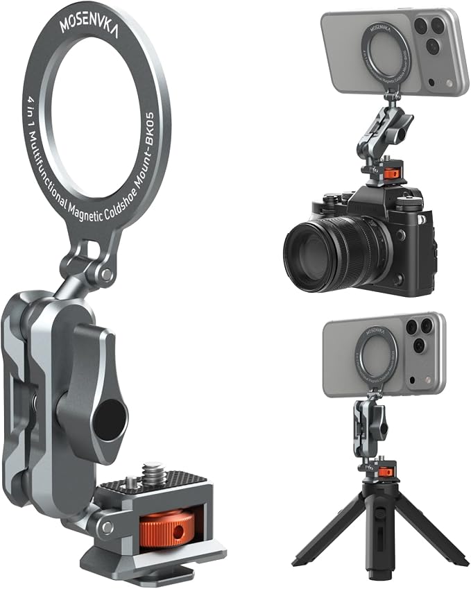 MOSENVKA 4-in-1 Magnetic Phone Mount for iPhone Foldable Stand | Arca-Swiss base, 1/4"-20 screw and Cold Shoe Adapter for GoPro, Cameras and Vlogging Setups by MOSENVKA