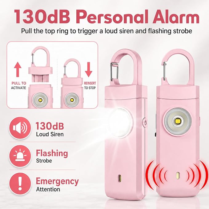 Rechargeable Personal Alarm for Women - Travel College Dorm Essentials | 130dB Keychain Alarm with Flashlight, Safety Gifts for Teen Girl, Daughter, Student, Birthday Gift Stocking Stuffers, Pink - Image 2