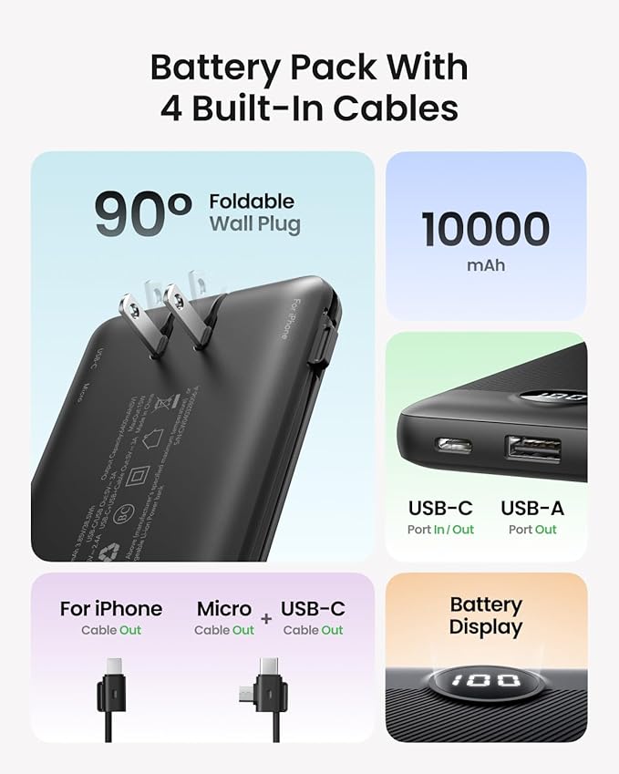 Portable Charger with Wall Plug, Slim USB C Power Bank with Built-in Cables, 10000mah LED Display External Battery Pack Compatible with iPhone/Android & More (Black) - Image 2