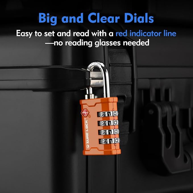 SURE LOCK TSA Approved 4 Digit Combination Lock, Heavy Duty Padlock with Red Dot Indicator for Gun Cases, Pelican Cases, Tool Boxes, Gym Lockers, Storage Units & Outdoor Gates (2, Orange) - Image 6