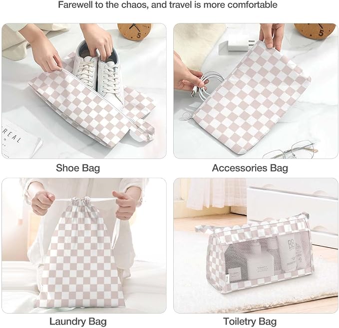 8 Set Packing Cubes for Suitcases, Packing Cubes with Shoe, Cosmetics, Clothing, Accessories Bags for Travel Luggage Organizer Women Men(Light Pink Checkered) - Image 5